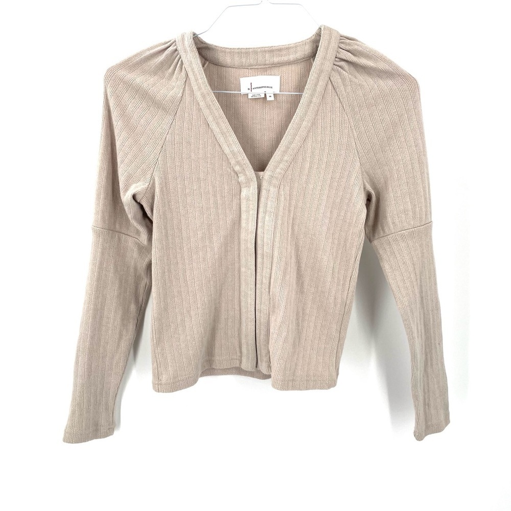 Anthropologie Puff Sleeve Snap Button Cardigan Sweater Top - Picture 2 of 8